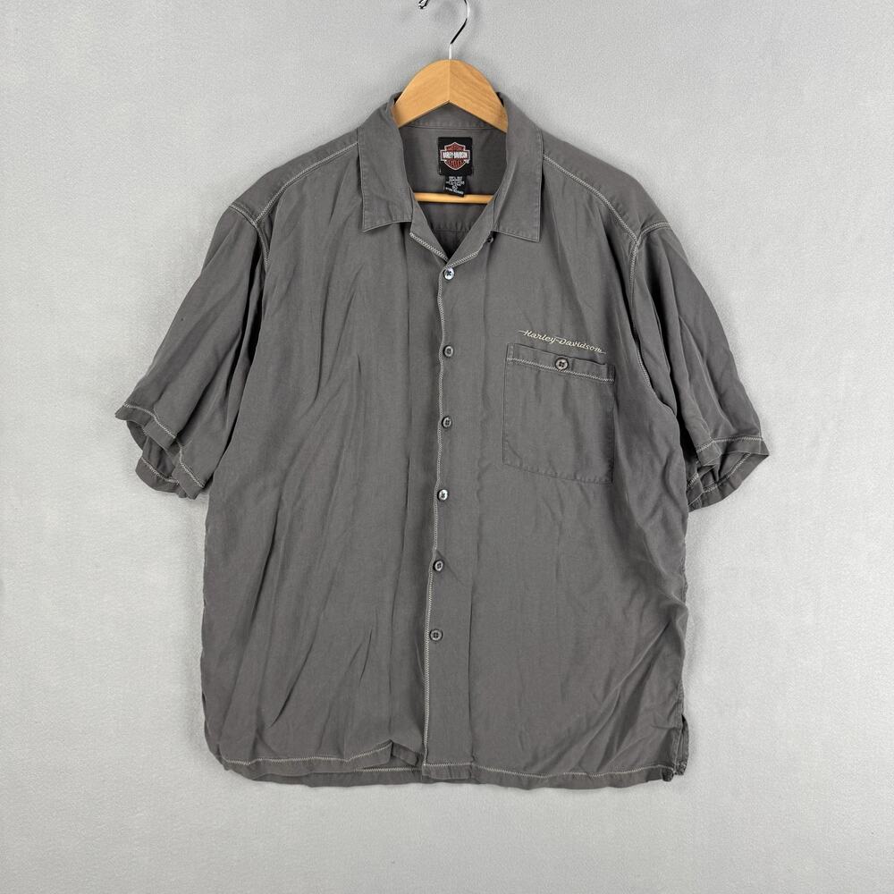 Harley-Davidson Shirt Mens XL Gray Silk Button Up Short Sleeve Loop Collar Biker
